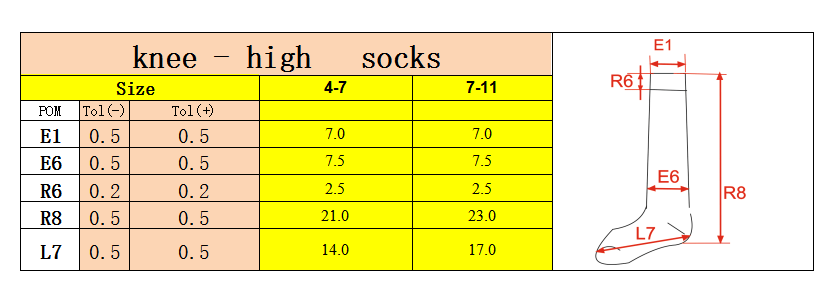 KNEE HIGH SOCKS SIZE SPECIFICATION