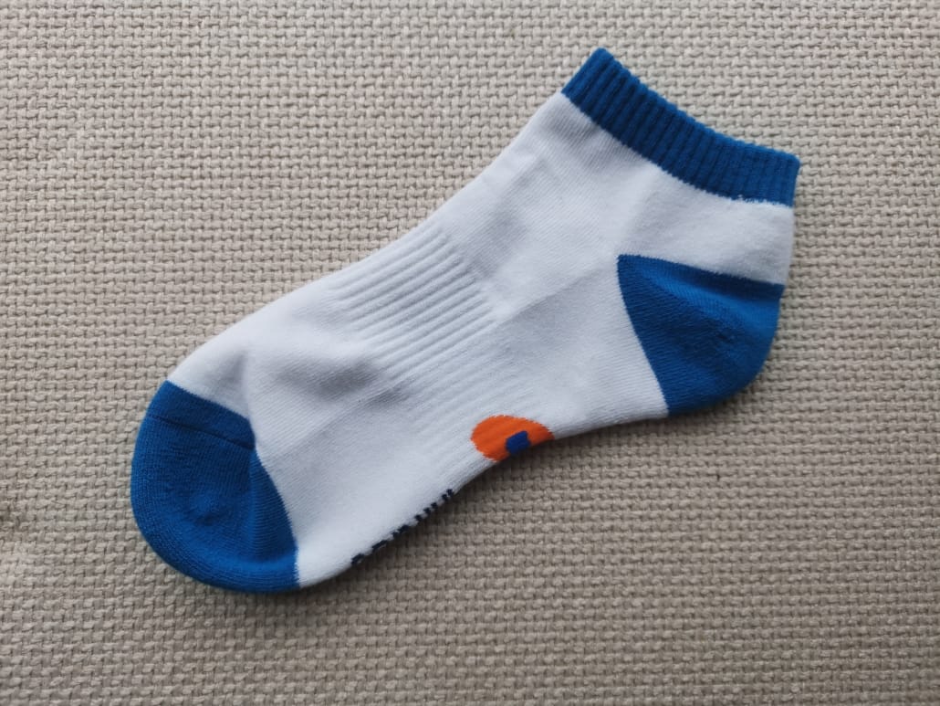 custom ankle socks white base and blue cuff, heel and toe. half terry sock