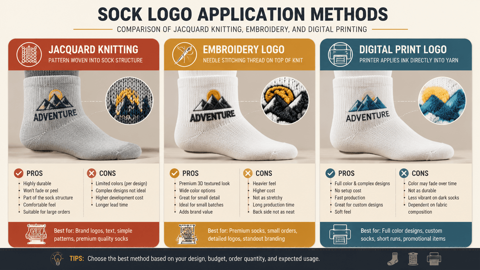 Three sock logo application methods compared: jacquard knitting, embroidery, and digital print