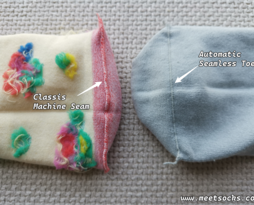 Left: machine seam. Right: Automatic seamless closure. Custom Socks Toe Seam