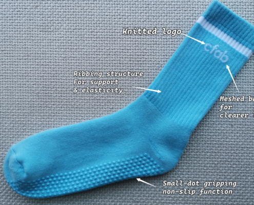 typical setup for custom pilates yoga socks with grips - ribbing, logo, non-slip grips
