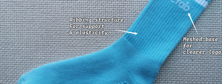 typical setup for custom pilates yoga socks with grips - ribbing, logo, non-slip grips