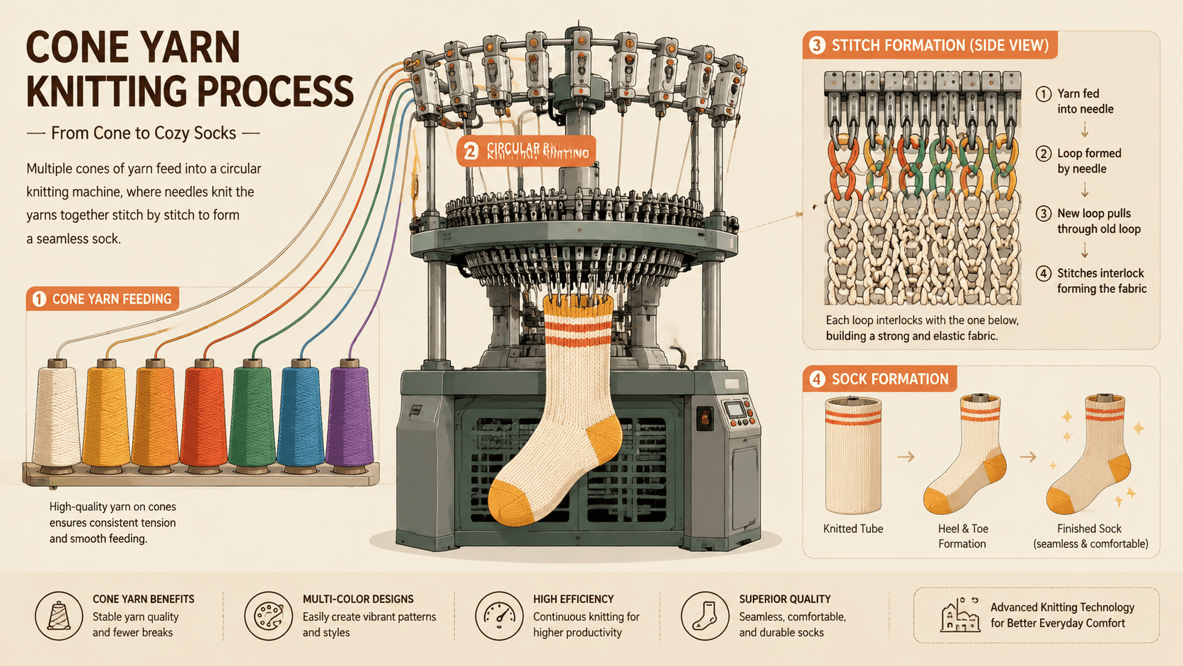 Cone yarn knitting process showing how yarns are fed into sock knitting machines