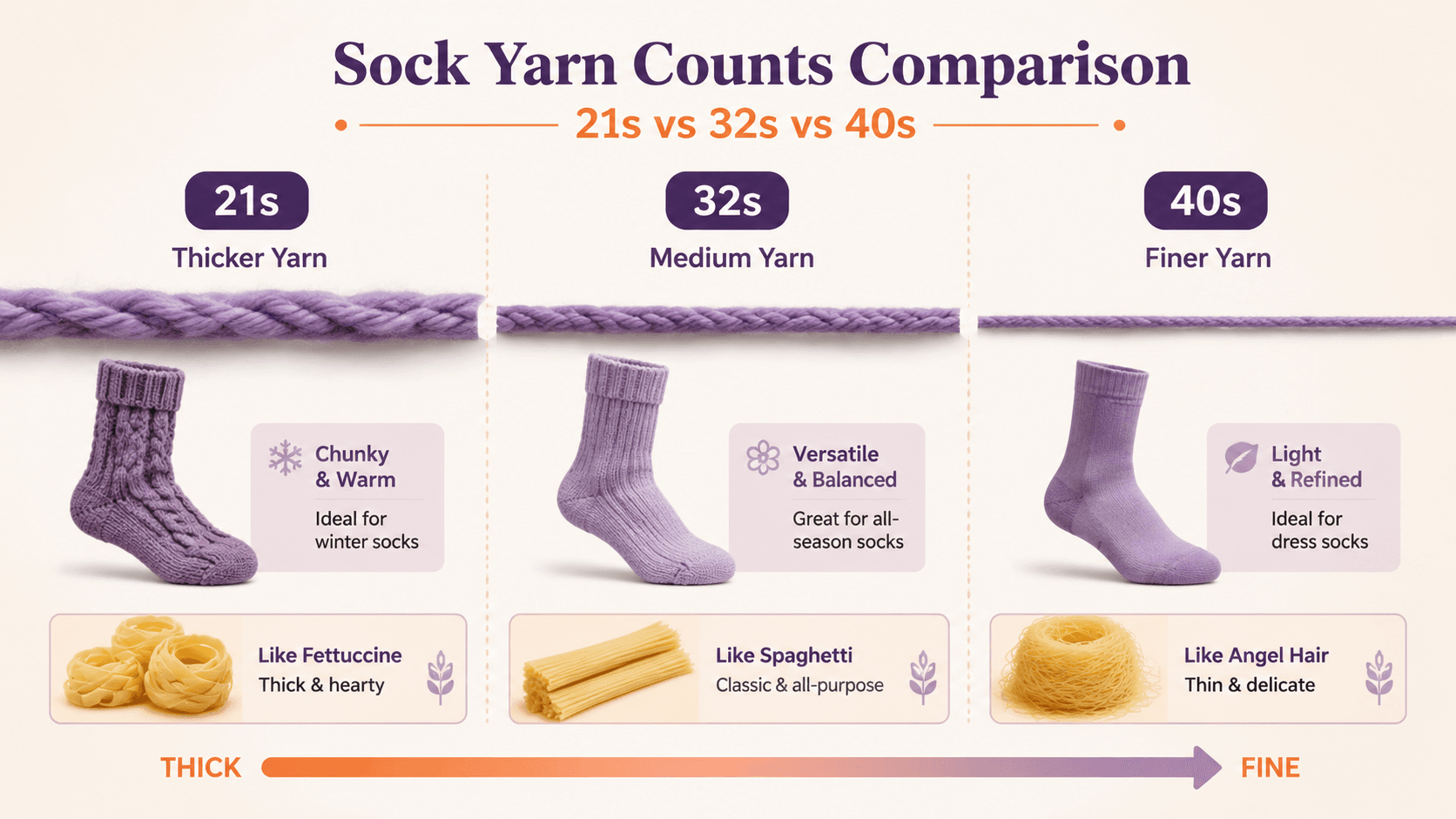 Yarn count comparison 21s 32s 40s showing thickness difference with pasta analogy