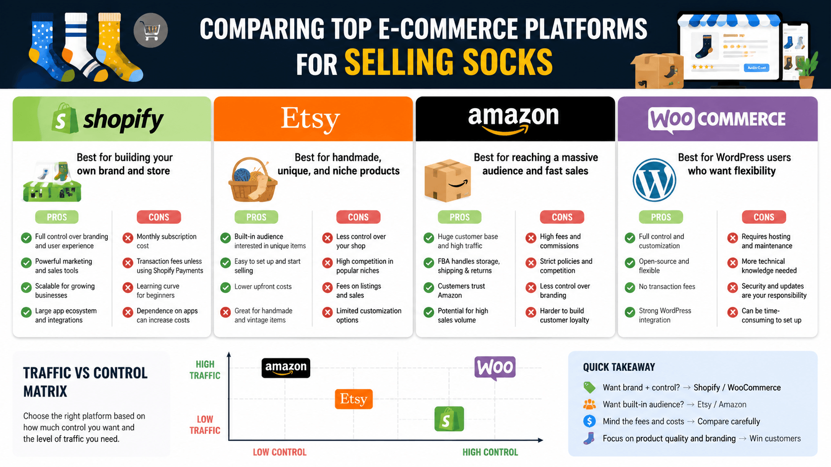 Four sales channels for sock businesses: Shopify, Etsy, Amazon, WooCommerce compared