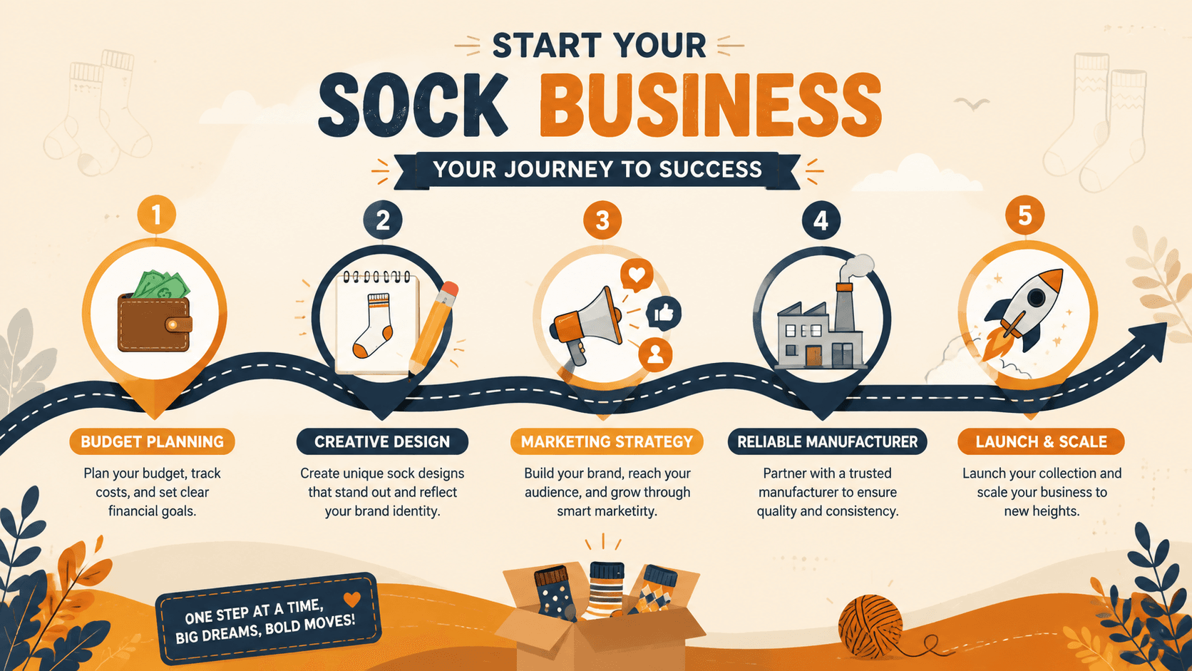 Sock business startup roadmap showing 5 key milestones from budget to launch